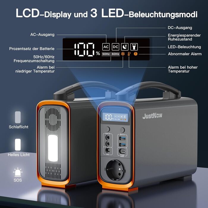 Портативна електростанція JustNow 240 Вт/240 Втгод, мобільний накопичувач енергії LiFePO4 з виходом AC/DC/USB/PD 60 Вт, сонячний генератор для кемпінгу, використання на свіжому повітрі, для автофургонів, надзвичайних ситуацій, резервного копіювання вдома