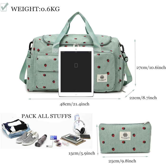 Спортивна сумка для дітей, дорожня сумка для дівчаток та жінок з відділенням для взуття та відділенням для вологи, вельветова сумка для плавання, дорожня сумка для вихідного дня, дизайн полуниці, сумка для ручної поклажі, пляжна сумка для подорожей, фітне