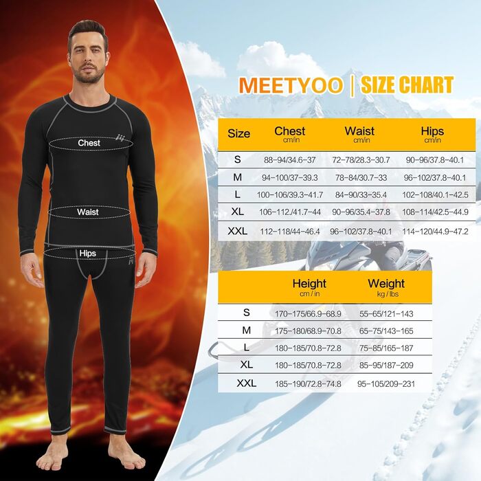 Термобілизна MEETYOO для чоловіків, 1/3 шт., функціональна білизна, лижна білизна, зимовий комплект термобілизни, тепла, м&39яка, дихаюча, для чоловіків, спортивна, чорний сірий синій, розмір L
