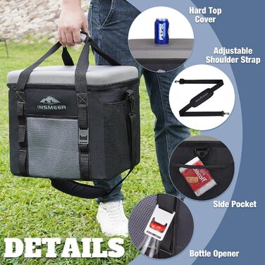 Велика сумка-холодильник 40 л, сумка-холодильник на 60 банок, складна з твердим дахом з EVA, водонепроникна велика сумка-холодильник, коробка-холодильник, ізольована сумка, термосумка для кемпінгу, пікніка, пляжу, сіра