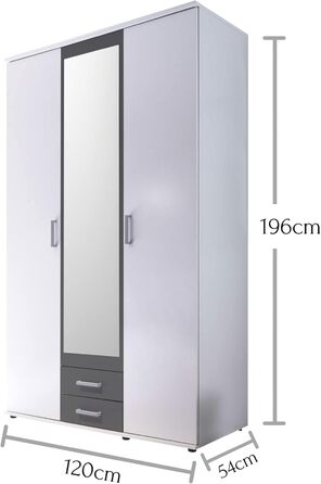 Шафа з дзеркальними дверима білого та графітового кольору - Універсальна 3-дверна шафа для вашої спальні - 120 x 196 x 54 см (Ш/В/Г) Білий / Графітовий 3-дверний