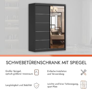 Шафа з дзеркалом, розсувні двері - Чорна шафа з розсувними дверима, шафа для спальні - 61 x 150 x 200 см - Шафа для спальні, гардеробна, шафа чорний/чорний