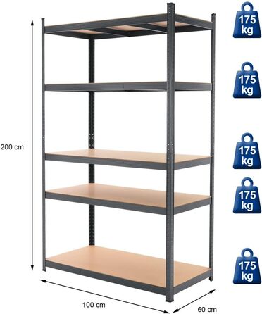 Стелаж для майстерні ECD Germany, міцний стелаж, 200x100x60 см, антрацит, метал з порошковим покриттям, 5 полиць МДФ, вантажопідйомність до 875 кг, стелаж для зберігання, стелаж без ригелів, стелаж для підвалу, стелаж для гаража, металевий стелаж, 200 x 1