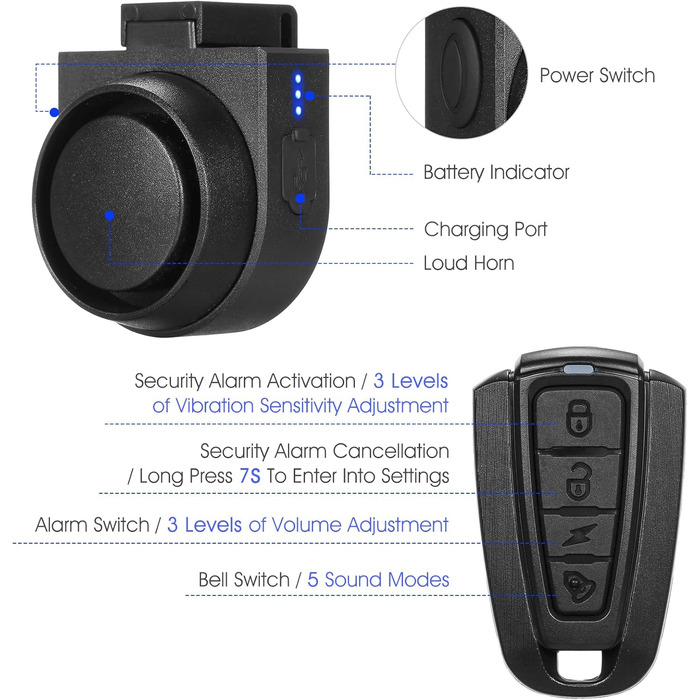 Велосипедна сигналізація-дзвінок, 115 дБ, IPX5, Бездротова, Чорний