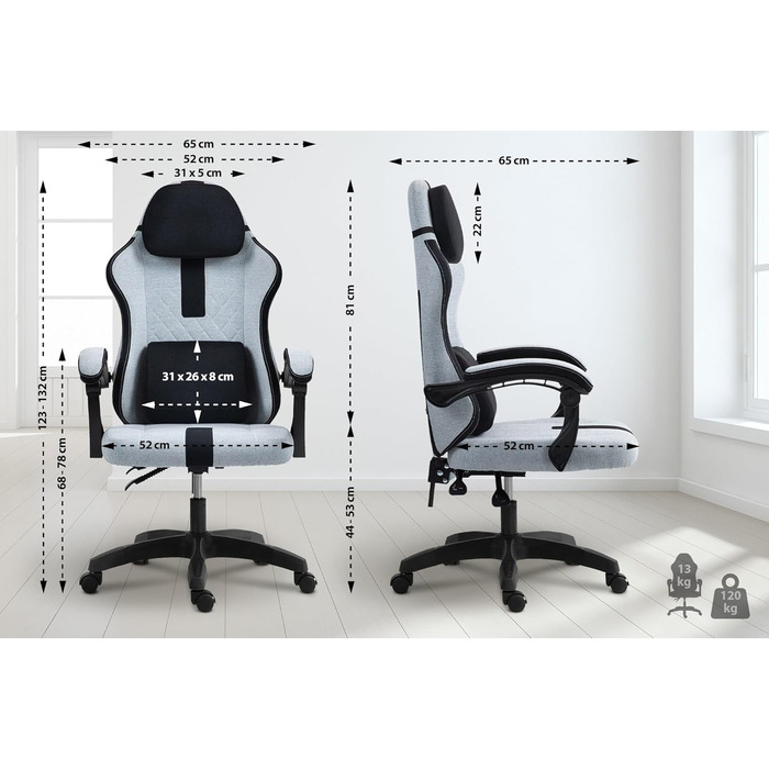 Офісне крісло CLP Miltona з тканинним чохлом Ергономічне письмове крісло Геймерське крісло з регульованою висотою, підголівником та поперековою опорою, колір сірий/чорний