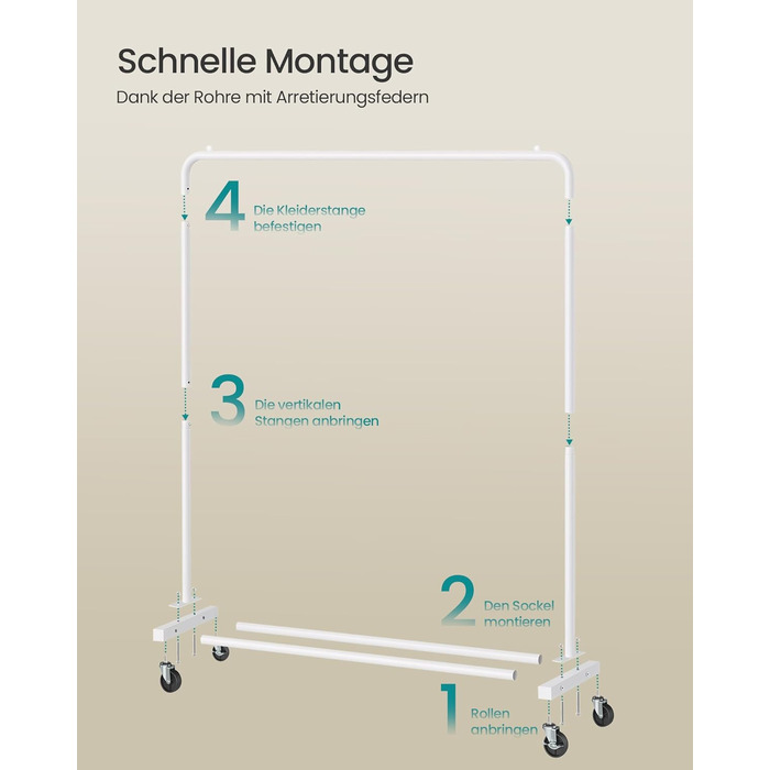 Вішалка для одягу SONGMICS, Штанга для одягу на колесах, Підставка для гардеробу, 2 колеса з гальмом, Спальня, Вантажопідйомність до 50 кг, 38 x 110 x 141,5 см, Матовий білий HSR016WG01 Матовий білий, одинарна рейка