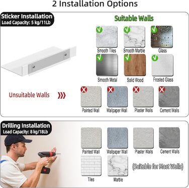 Біла металева настінна полиця, комплект з 2 шт. - Нержавіючий алюміній - Плаваюча полиця - полиця для душу 30 см, не потребує свердління, ідеально підходить для декору та настінного зберігання в будь-якій кімнаті, біла, 30 x 12,5 см