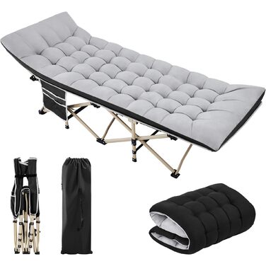 Розкладне кемпінгове ліжко Yaheetech з матрацом, гостьове ліжко з сумкою для перенесення та бічною кишенею, 191 x 67 см, садовий шезлонг, вантажопідйомність до 150 кг, сірий матрац чорний каркас ліжка