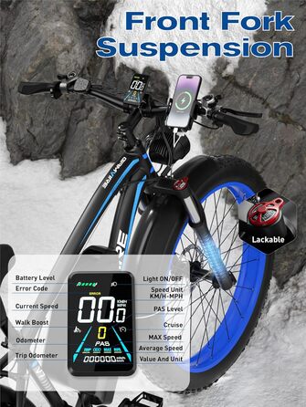 Електричний велосипед V7 для дорослих, гірський електровелосипед 264.0 дюймів з товстими шинами, акумулятор 52 В 19.2 Аг, гідравлічні гальма, 21-швидкісний електровелосипед