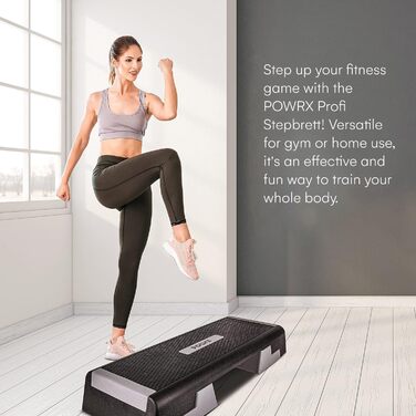 Професійний фітнес-степер POWRX Aerobics (89 x 34 см) Тренування на степері вдома або в тренажерному залі Регульована висота Нековзка поверхня Елегантний чорний колір
