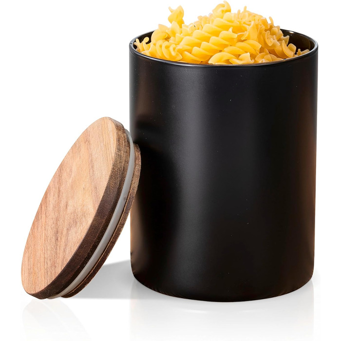 Контейнер для зберігання WENKO Mio, 1,0 л, круглий контейнер з боросилікатного скла з кришкою з акацієвого дерева, герметичне ущільнення завдяки силіконовому кільцю, Ø 11 x 14,5 см, чорний