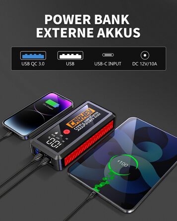 Стартерний зарядний пристрій 5000A для автомобілів, автомобільний стартерний зарядний пристрій, зарядний пристрій для стартера 12 В (до 8,0 л бензину або 8,0 л дизельного палива), підсилювач акумулятора автомобіля з USB-виходами для швидкої зарядки та сві