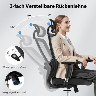 Ергономічне офісне крісло mfavour з гумовими колесами, 4D підлокітниками, регульованим підголівником та поперековою опорою, дихаюче сітчасте робоче крісло, металева основа, вантажопідйомність до 150 кг, чорний колір, 70 Г x 66 Ш x 134 В