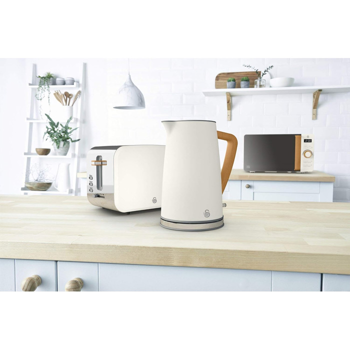 Чайник для сніданку Swan Nordic Set, бездротовий, 1,7 л, 2200 Вт, широкий слот, 2 диски, 3 функції, сучасний дизайн, вигляд під дерево, білий