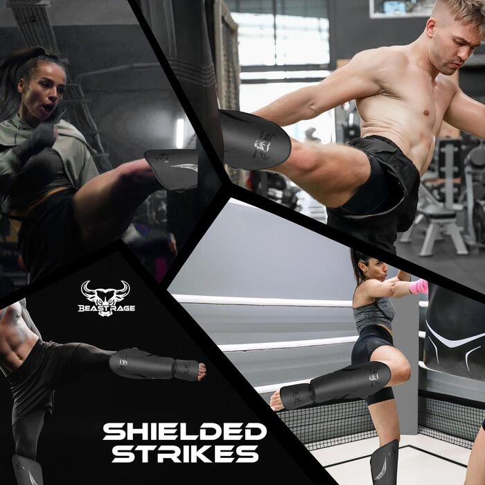 Щитки для гомілок BEAST RAGE для кікбоксингу, муай-тай, бойових мистецтв, захист ніг із захистом підйому стопи, щитки для гомілок, карате, боксу, тренувального спорядження MMA, спарингу, бразильського джиу-джитсу, таїландського кульмінатора, чорні S/M