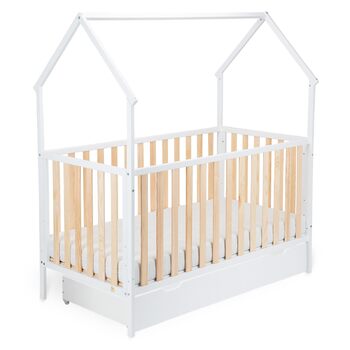 Дитяче ліжко в дизайні будинку, Регульована висота в 3 положеннях, Трансформується в дитяче ліжко (Комфортний матрац/з шухлядою, Білий/Натуральний, 120x60 см) 124Д x 72Ш x 155В см Комфортний матрац/з шухлядою Білий/Натуральний, 120x60