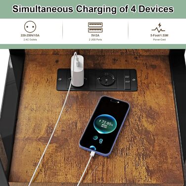 Журнальний столик на колесах, 80 см x 40 см, столик для ноутбука з розеткою та портом USB-C, регульована висота, дерев&39яний стіл, журнальний столик, тумбочка, спальня, вітальня, вінтажний вигляд дерева, колір вінтажного дерева