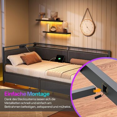 Диван-ліжко HOOBRO 90 x 200 см з 2 шухлядами, рейкова основа, каркас ліжка, м&39яке ліжко із зарядною станцією та світлодіодним освітленням, м&39яке ліжко, односпальне ліжко, для спальні, сірий та чорний EBG81CDBF01