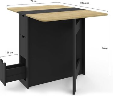Розкладний консольний столик EDI для 2-4 осіб з 3 чорними шухлядами, стільниця під бук, 103 x 76 см