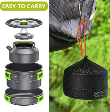 Набір посуду для кемпінгу/вуличного приготування їжі aiGear Портативний алюмінієвий кемпінговий горщик з сумкою для зберігання для кемпінгу, походів, пікніків на свіжому повітрі, зелений