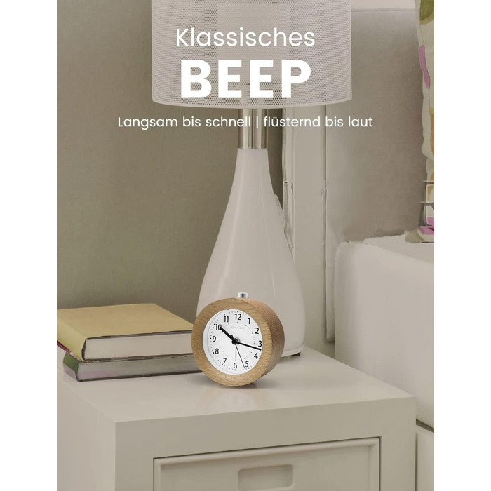 ВищеГодинник будильник аналоговий без цокання, будильник дерев'яний з дрімотою, тумбочка настільний годинник з нічником, ретро-будильник аналоговий на батарейках (потрібна батарея 1*AA) - натуральне дерево світло-коричневого кольору (кругле, світло-коричн