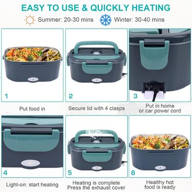 Електричний ланч-бокс XREXS, 3 в 1 (12 В/24 В/220 В) 60 Вт 1,5 л підігрівач їжі для автомобіля, електричний ланч-бокс з нержавіючої сталі/вантажівки, для дому, кемпінгу, портативний підігрівач бенто 60 Вт з виделкою та ложкою
