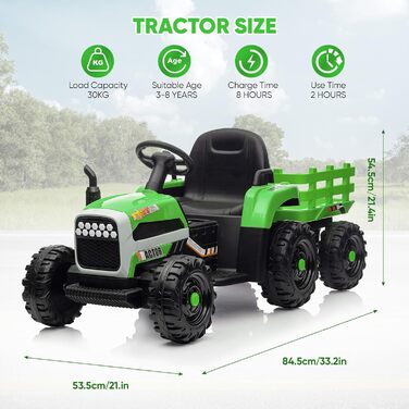Дитячий електричний трактор, 12В 3-швидкісний трактор зі знімним причепом та пультом дистанційного керування 2.4G, дитячий електро