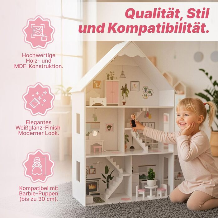 Дерев&39яний ляльковий будиночок Барбі, великий 118 см Kinderplay 3-поверховий ляльковий будиночок для дітей з меблями, світлодіодними лампами, наклейками та аксесуарами сучасний дерев&39яний ігровий будиночок, подарунок для дітей віком від 3 років, білий