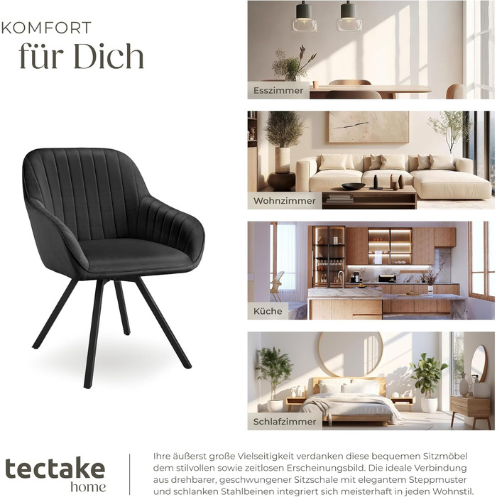 Обідні стільці tectake з підлокітниками, ергономічне крісло-обшивка з оббивкою з стьобаного оксамиту, обертові стільці для вітальні, обіднього столу, кабінету, туалетного столика, кухонних стільців - комплект з 4 шт. , чорний