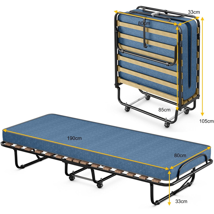 Гостьове ліжко COSTWAY 80x190 см з матрацом з піни з ефектом пам&39яті, розкладне односпальне ліжко, міцне металеве ліжко (витримує вагу до 130 кг), розкладне ліжко на колесах, ліжко для кемпінгу, переносне ліжко, синє 80 x 190 x 33 см
