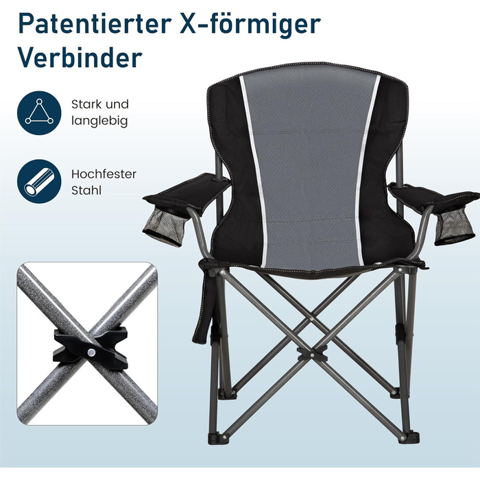Складане кемпінгове крісло HIGH POINT SPORTS, Рибальське крісло, Розкладне, Вантажопідйомність 160 кг, Розкладне крісло з підлокітниками, Підставка для напоїв, Сталева рама, Портативне кемпінгове крісло, Чорне/Сіре