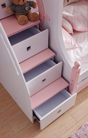 Дитяче двоярусне ліжко JooTech ліжко-горище дитяче ліжко функціональне ліжко зі сходами з полицею з ящиками 3 спальних місця рожев