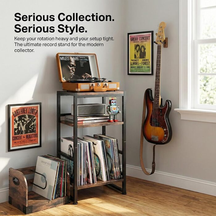 Підставка для програвача платівок, 3-ярусний бічний столик, столик для програвача платівок, до 120 альбомів, столик для вітальні, спальні, вінтажний коричневий (сільський коричневий)