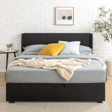 Ліжко Zinus Maddon з м&39якою поверхнею 140x200 см з місцем для зберігання - Висота 31 см з дерев&39яною рейковою основою та узголів&39ям - Гідравлічний підйомний механізм та місце для зберігання - Чорне 140 x 200 см Чорний