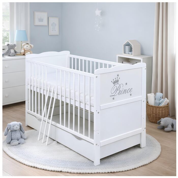 Дитяче ліжечко 60x120, розкладне дитяче ліжко, юніорське ліжко Prince White з шухлядою та матрацом