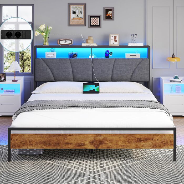 Ліжко 180x200 з металевою рейковою основою, двоспальне ліжко 180x200 см зі світлодіодним підсвічуванням, каркас ліжка 180x200 см з узголів&39ям та зарядною станцією (2 розетки змінного струму, 2 USB-порти) Сучасне, сіро-сірий 180x200 см