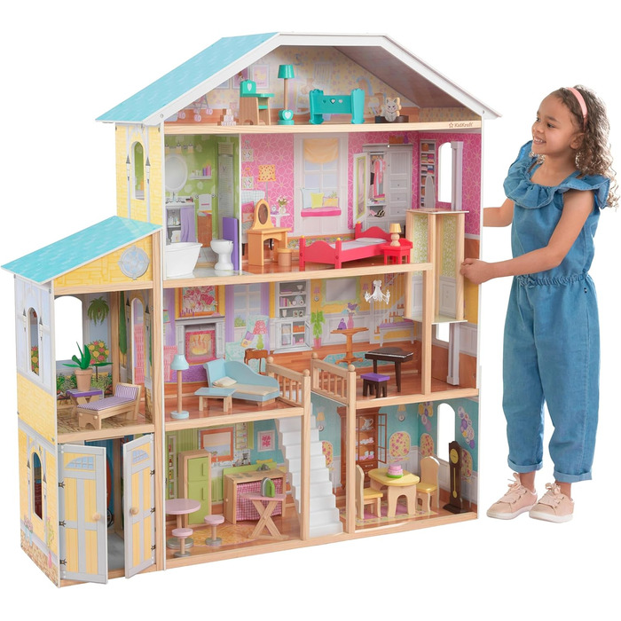 Дерев&39яний ляльковий будиночок KidKraft "Величний особняк" Великий XXL будинок, 4 поверхи, 34 аксесуари, меблі та ліфт у комплекті Рольова гра Загальні розміри 132 x 35,5 x 135 см, жовтий