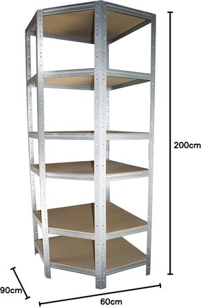 Кутова полиця 200x90x60 см Міцна оцинкована металева полиця настільна 6 полиць вантажопідйомністю 145 кг кожна / Кутова полиця Міцна кутова полиця / Вставна полиця