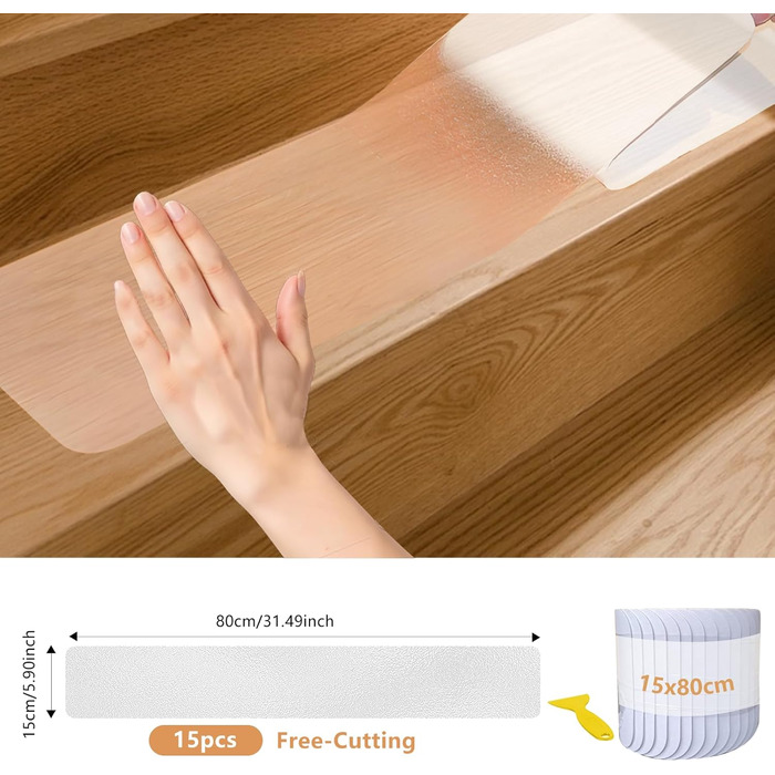Килимки для сходів Прозорі протиковзкі килимки 15X80 Самоклеючі килимки для сходів Нековзні смужки для сходів Протиковзкі смужки для сходів Водонепроникні для дерев&39яних сходів, 15 шт.