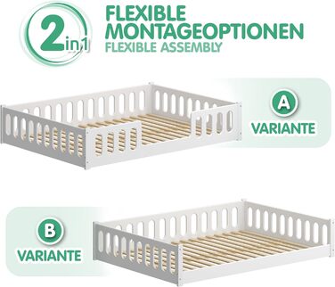 Дитяче ліжко 2-в-1 на підлозі 140x200 см Монтессорі зі знімними захисними поручнями - Біле, 46 кг, Вантажопідйомність до 200 кг, Надміцна згортається рейкова основа, Трансформоване 140 x 200 см Біле - 1 центральний вхід