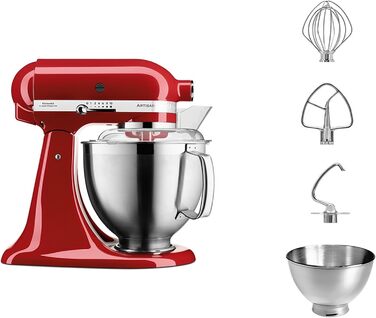 Кухонна машина KitchenAid Artisan з відкидним змішувачем міксер для тіста з 2 чашами та 3 аксесуарами з нержавіючої сталі, 4.8 л, колір Empire Red