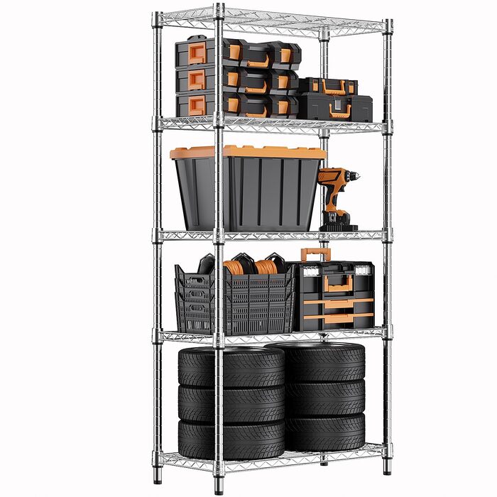 Міцний сталевий стелаж з 5 ярусами, дротяна полиця-органайзер для дому, кухні, офісу, максимальне навантаження 567,5 кг, хромоване покриття, 35 x 60 x 158,7 см.