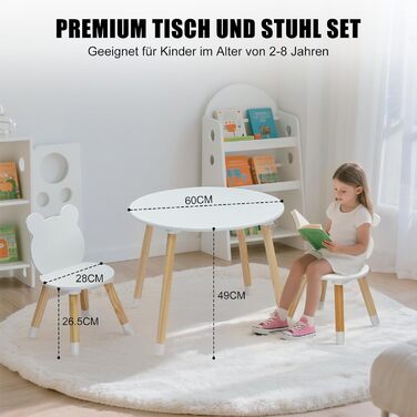 Дитячий стіл LALAHO з 2 стільцями, комплект дитячих сидінь, дитячий стіл/художній стіл, ігровий стіл, з сосновими ніжками, дитячі меблі для дитячих кімнат та дитячих садків (білий)