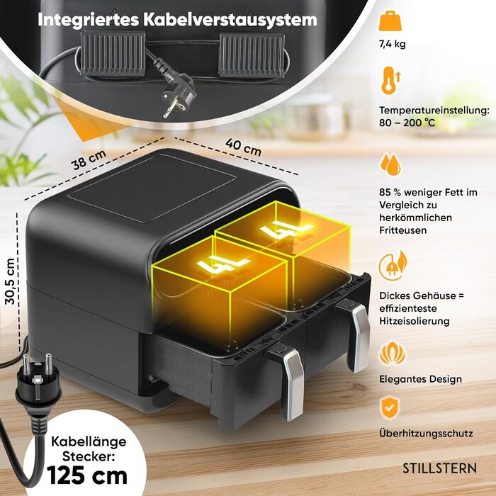 Л, 2400 Вт, 80-200 C, функція струшування розроблена STILLSTERN, Same-End, 120 рецептів GERMAN, 8 програм, зневоднення, розморожування та підтримання тепла, фритюрниця чорна, 1-8 Pers 2x4 8