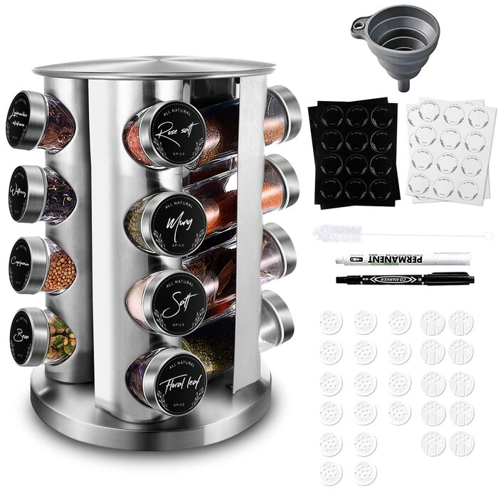 Кругла підставка для спецій Miorkly з 16 круглими банками для спецій, карусель для спецій з нержавіючої сталі, що обертається на 360, органайзер для спецій, стійка для спецій, контейнери для спецій зі вставкою-шейкером, банки для спецій, ярлики, лійка, ма