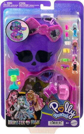 Ігровий набір Polly Pocket Monster High з 3 маленькими ляльками та 10 аксесуарами, шкільний світ всередині, портативна іграшка для подорожей з місцем для зберігання, HVV58