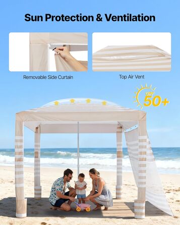 Пляжний навіс VEVOR, 2,4 x 2,4 м з бічною стінкою, сонцезахисний фактор UPF 50, навіс з мішками з піском, регульований по висоті та портативний сонцезахисний навіс для всієї родини та друзів