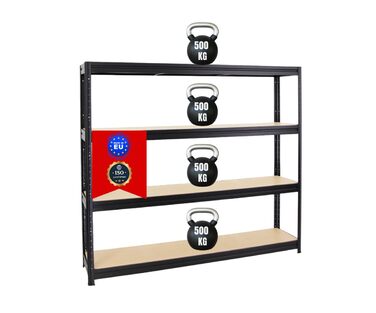 Надміцний стелаж Dino Extra Wide 180x200x45 см, Вантажопідйомність полиці 500 кг, Чорний, Гаражні стелажі, Стелажі для зберігання, Безболтові стелажі, Широкопролітний стелаж 180x200x45 см Чорний Панелі МДФ 6,5 мм