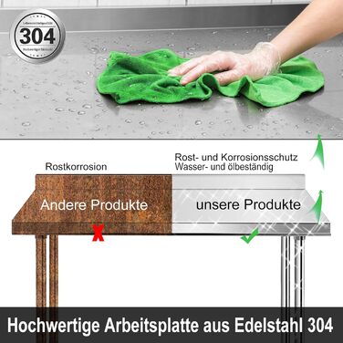 Робочий стіл з нержавіючої сталі UISEBRT з підніжкою, Кухонний стіл з нержавіючої сталі з регульованими ніжками, Кухонний стіл/розбірний стіл з дуже великою нижньою полицею, 150 x 50 x 85 см, з підніжкою