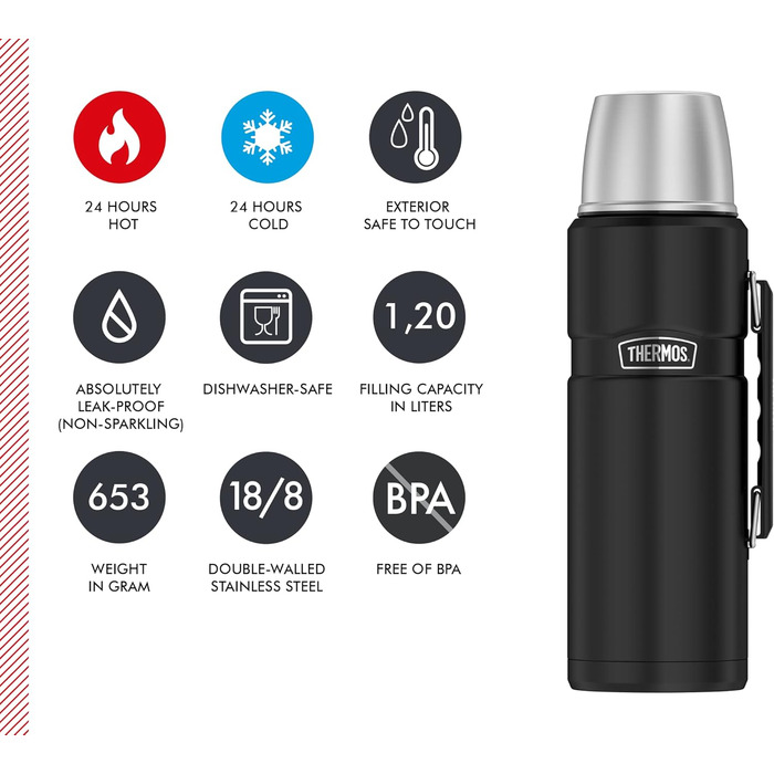 Термос THERMOS STAINLESS KING, матово-чорний, 1,20 л - нержавіюча сталь, герметичний, з чашкою для пиття та ручкою, 12 годин гарячої та 24 години холодної води, можна мити в посудомийній машині, без BPA